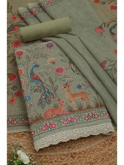 Soch - Womens Olive Linen Blend Unstiched Dress Material With Thread Work