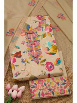 Soch - Womens Beige Jam Cotton Unstiched Dress Material With Thread Work