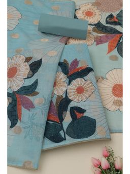 Soch - Womens Blue Chanderi Floral Print Unstiched Dress Material With Thread Work