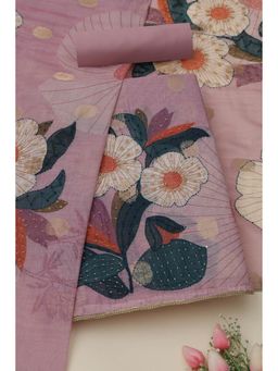 Soch - Womens Lavender Chanderi Floral Print Unstiched Dress Material With Thread Work