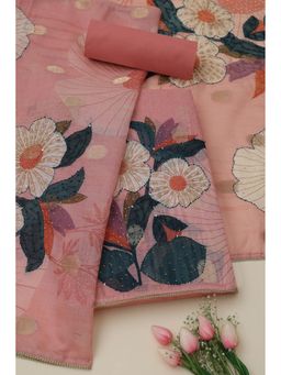 Soch - Womens Pink Chanderi Floral Print Unstiched Dress Material With Thread Work