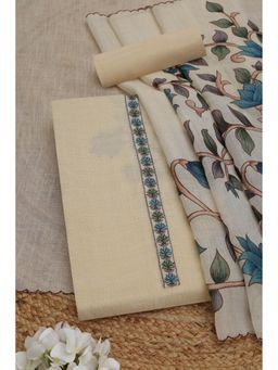 Soch - Womens Teal Linen Shimmer Floral Print Unstiched Dress Material With Thread Work