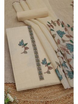 Soch - Womens Teal Linen Shimmer Floral Print Unstiched Dress Material With Thread Work