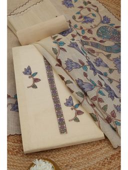 Soch - Womens Lavender Linen Floral Print Unstiched Dress Material With Thread Work