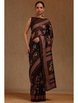 Soch - Womens Brown Art Silk Floral Print Saree with Unstitched Blouse Piece