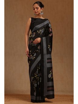 Soch - Womens Black Art Silk Floral Print Saree with Unstitched Blouse Piece