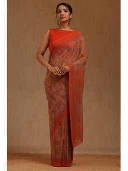 Soch - Womens Orange Georgette Paisley Print Saree with Unstitched Blouse Piece