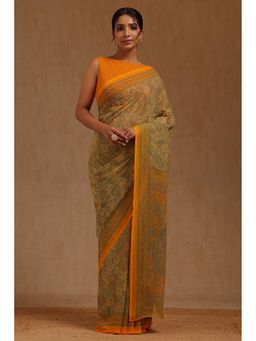 Soch - Womens Mustard Georgette Paisley Print Saree with Unstitched Blouse Piece