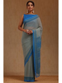 Soch - Womens Blue Georgette Floral Print Saree with Unstitched Blouse Piece