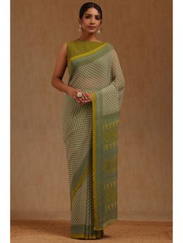 Soch - Womens Olive Georgette Floral Print Saree with Unstitched Blouse Piece