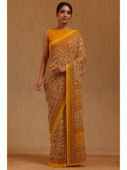 Soch - Womens Yellow Georgette Floral Print Saree with Unstitched Blouse Piece