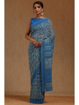Soch - Womens Blue Georgette Floral Print Saree with Unstitched Blouse Piece