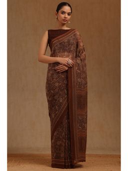 Soch - Womens Brown Georgette Ethnic Motif Saree with Unstitched Blouse Piece