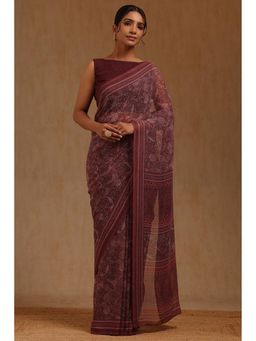Soch - Womens Maroon Georgette Ethnic Motif Saree with Unstitched Blouse Piece