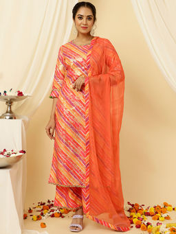 Jaipur Kurti - Orange Leheriya Straight Kurta With Palazzo And Dupatta (Set of 3)