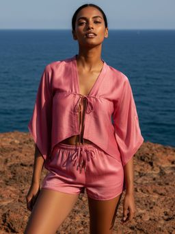 AOBA - Women Rose Pink Solid Satin Robe