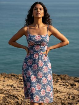 AOBA - Women Blue Floral Printed Cover-Up Beach Dress