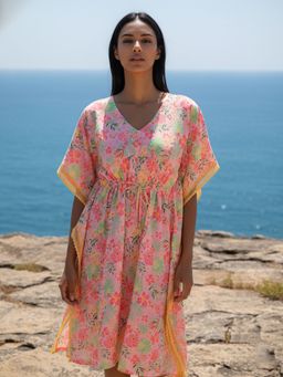 AOBA - Women Pink & Sea Green Floral Printed Beachwear Kaftan Coverup