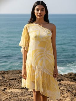 AOBA - Women Yellow Tropical Printed Semi Sheer One Shoulder Swimwear Cover Up Dress