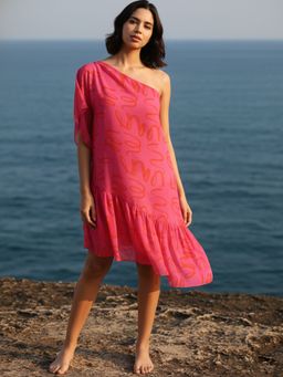 AOBA - Women Pink Abstract Printed Relaxed Fit Semi Sheer Swimwear Cover Up Dress
