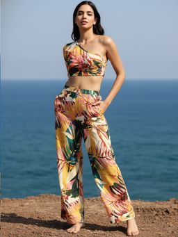 AOBA - Women Yellow Printed Top & Pant Swimwear Cover Up (Set of 2)