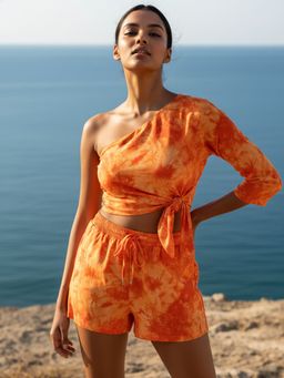AOBA - Women Orange Tie & Dye Beachwear Top and Shorts (Set of 2)