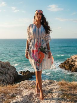 AOBA - Women Off White Printed Swimwear Kaftan