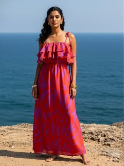 AOBA - Women Red Printed Beachwear Dress