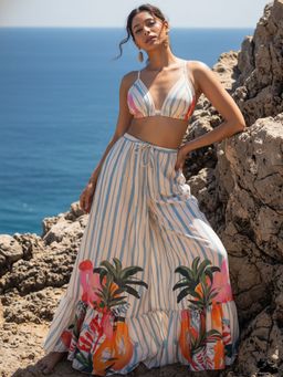 AOBA - Women White Striped Printed Beachwear Skirt & Top (Set of 2)