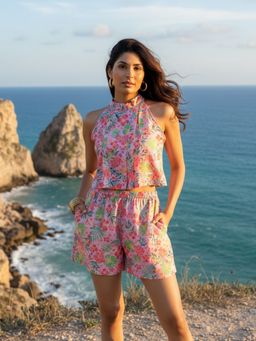 AOBA - Womens Pink and Red Floral Printed Beachwear Co-Ords (Set of 2)