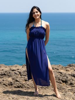 AOBA - Womens Blue Solid Beachwear Cover-Up Dress