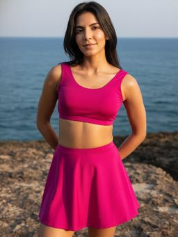 AOBA - Women Magenta Solid Swim Top with Skirt (Set of 2)
