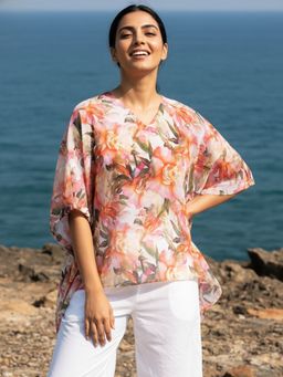 AOBA - Women Pink Tropical Floral Print Beachwear Top