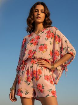 AOBA - Women Pink Floral Beachwear Top with Shorts (Set of 2)