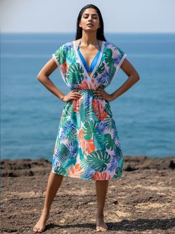 AOBA - Women Green Tropical Floral Printed Cover-Up Beachwear Dress