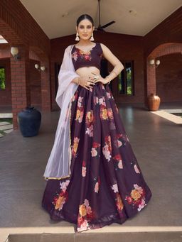 Pink Ethnic - Brown Floral Printed Semi-Stitched Lehenga Choli with Light Pink Dupatta (Set of 3)