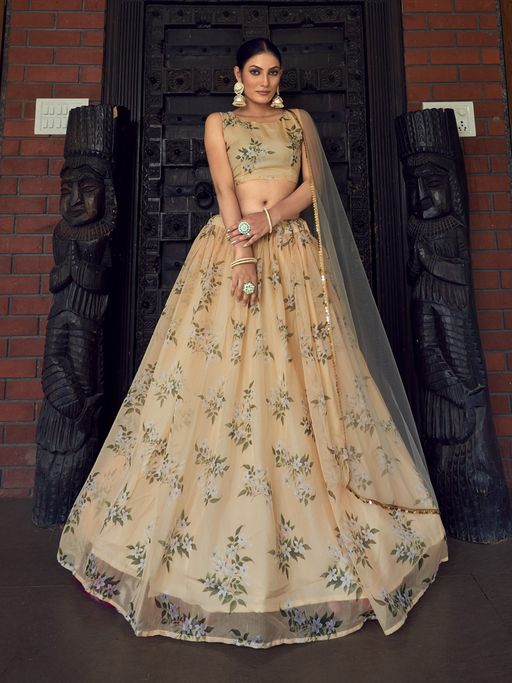 Pink Ethnic Beige Floral Printed Semi-Stitched Lehenga Choli with Light Green Dupatta (Set of 3)