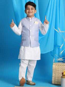 Vastramay - Boys Blue & White Jacket With Kurta & Pyjama (Set of 3)