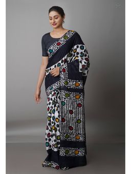 Unnati Silks - Black White Pure Batik Kota Cotton Saree with Unstitched Blouse