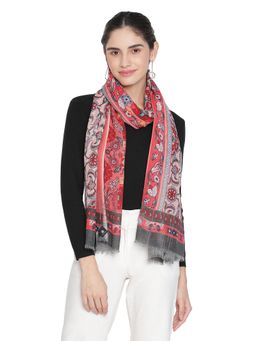 Shingora - Red Wool Printed Fringed Stole for Women
