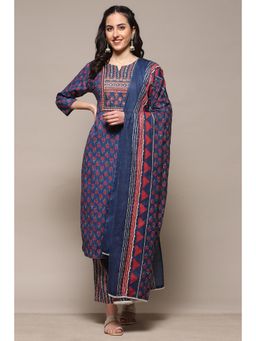Biba - Blue Cotton Unstitched Kurta with Bottom and Dupatta (Set of 3)