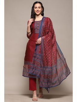 Biba - Red Chanderi Unstitched Kurta with Bottom and Dupatta (Set of 3)