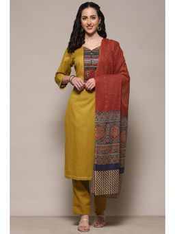 Biba - Mustard Cotton Unstitched Kurta with Bottom and Dupatta (Set of 3)