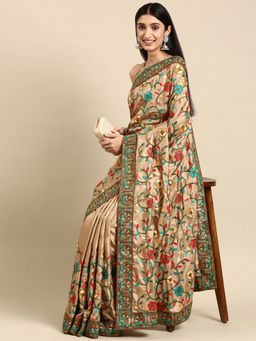 VAIRAGEE - Cream Dolla Silk and Kashmiri Work Saree with Unstitched Blouse
