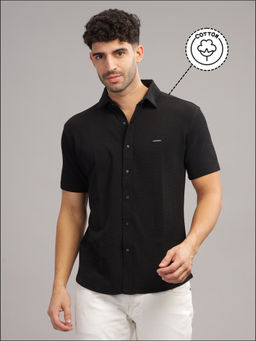 Parcel Yard - Men Black Self Design Shirt with Collar