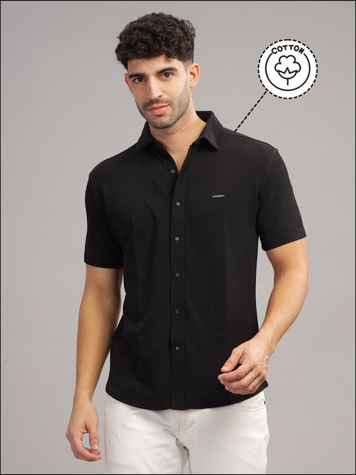 Parcel Yard Men Black Self Design Shirt with Collar