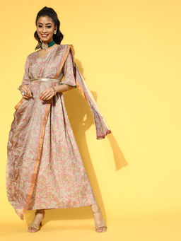 Yufta - Peach Pink & Green Floral Print Belted Maxi Dress With Dupatta (Set of 3)