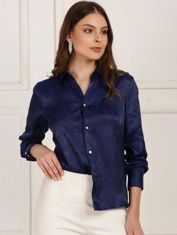 Globus - Navy Blue Self Design Paisley Print Collared Neck Shirt