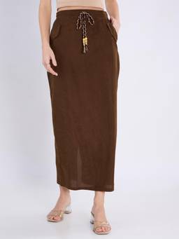 Globus - Brown Self Design Mid-Rise Tassel Drawstring Waist Back Skirt