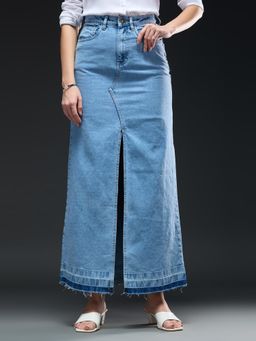 Globus - Light Blue Solid Mid-rise High Front Slit Frayed Hem Denim Skirt